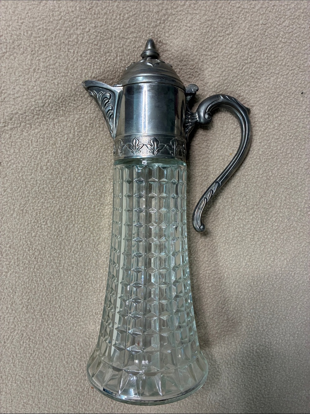 Vintage Glass Claret Pitcher with Decorative Silver Top made in Italy
